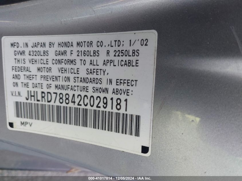 2002 Honda Cr-V Ex VIN: JHLRD78842C029181 Lot: 41017814