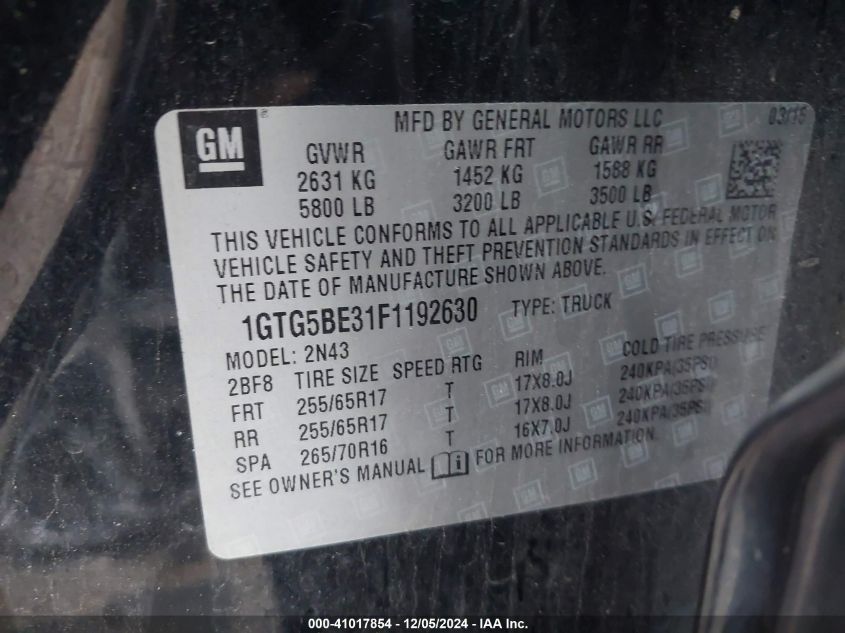 VIN 1GTG5BE31F1192630 2015 GMC Canyon, Sle no.9