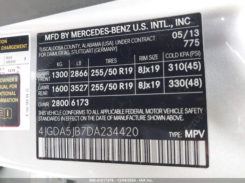 VIN 4JGDA5JB7DA234420 2013 MERCEDES-BENZ ML 350 no.9