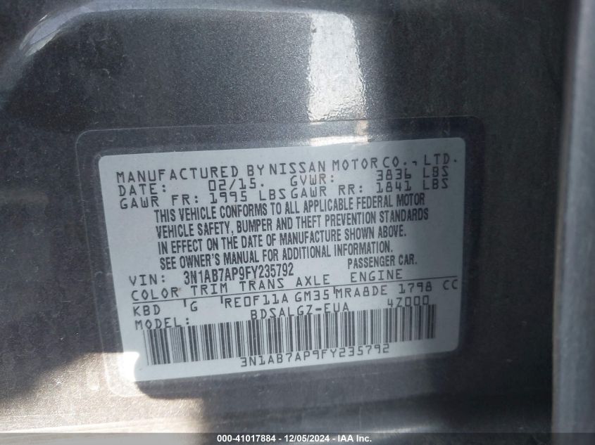 VIN 3N1AB7AP9FY235792 2015 Nissan Sentra, SL no.9