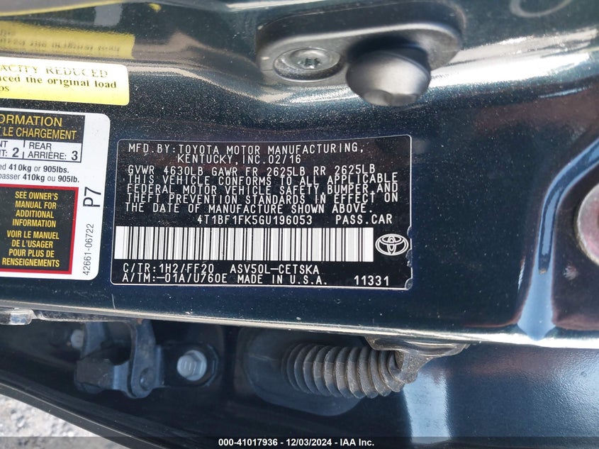 2016 Toyota Camry Se VIN: 4T1BF1FK5GU196053 Lot: 41017936