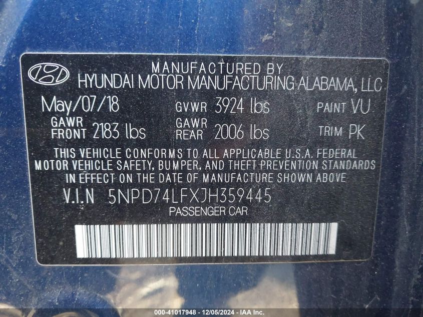 2018 HYUNDAI ELANTRA VIN: 5NPD74LFXJH359445