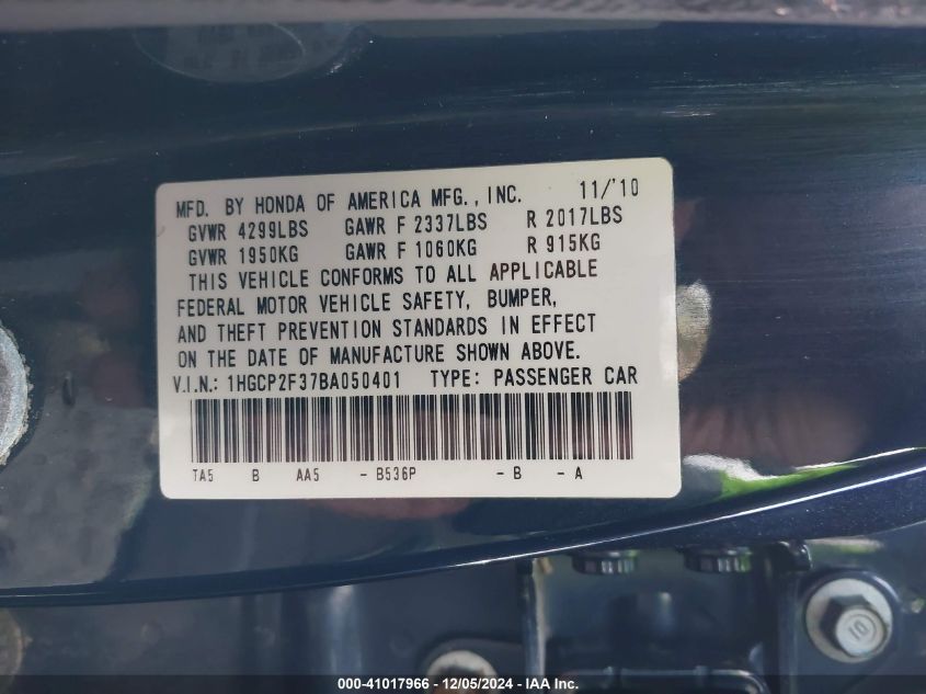 2011 Honda Accord 2.4 Lx VIN: 1HGCP2F37BA050401 Lot: 41017966
