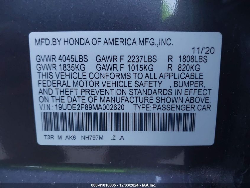 2021 Acura Ilx Premium A-Spec Packages/Technology A-Spec Packages VIN: 19UDE2F89MA002620 Lot: 41018035