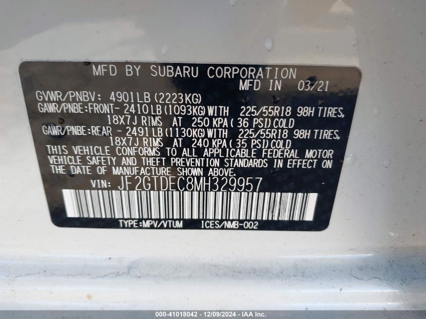 2021 Subaru Crosstrek Hybrid VIN: JF2GTDEC8MH329957 Lot: 41018042