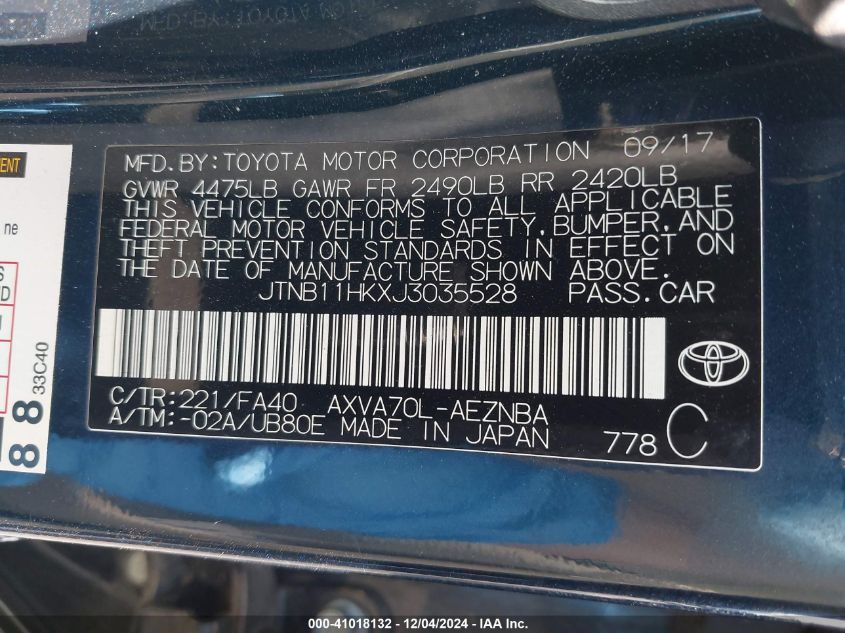 VIN JTNB11HKXJ3035528 2018 Toyota Camry, LE no.9