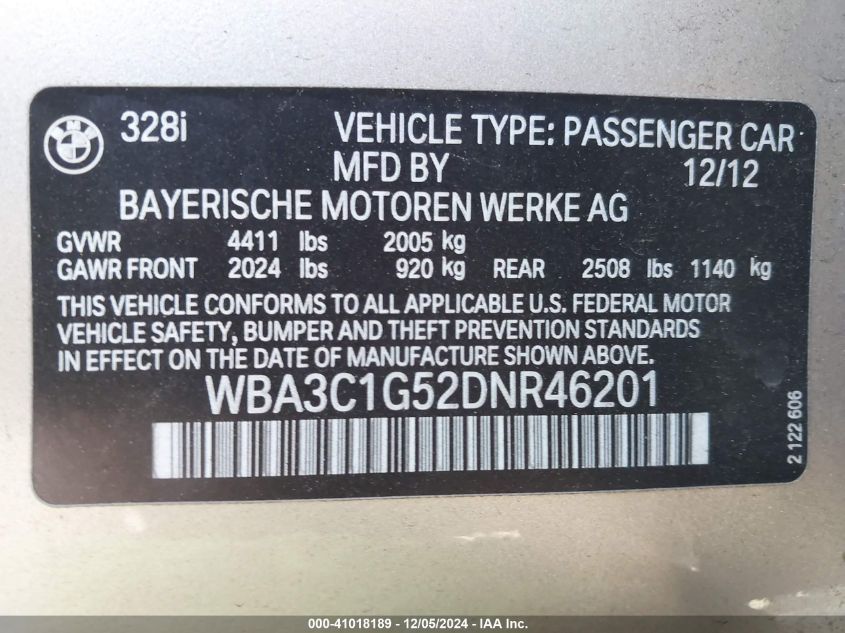 VIN WBA3C1G52DNR46201 2013 BMW 3 Series, 328I no.9