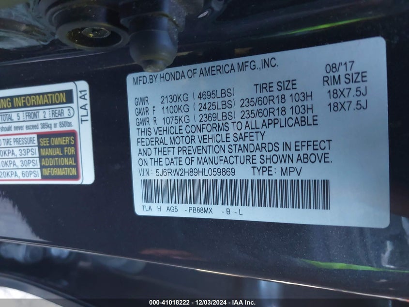 VIN 5J6RW2H89HL059869 2017 HONDA CR-V EX-L/EX-L NAVI