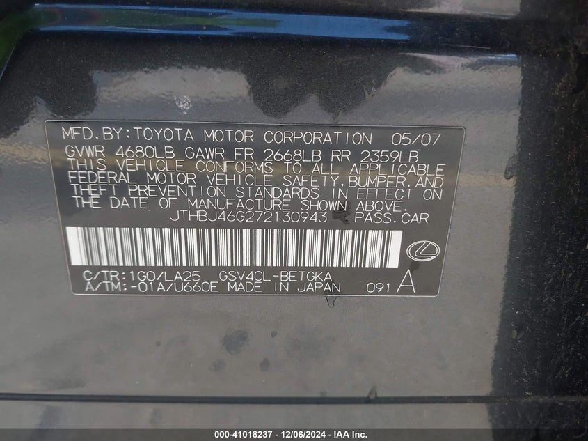 2007 LEXUS ES 350 VIN: JTHBJ46G272130943