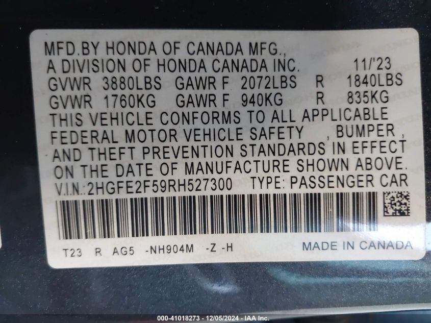 VIN 2HGFE2F59RH527300 2024 HONDA CIVIC no.9