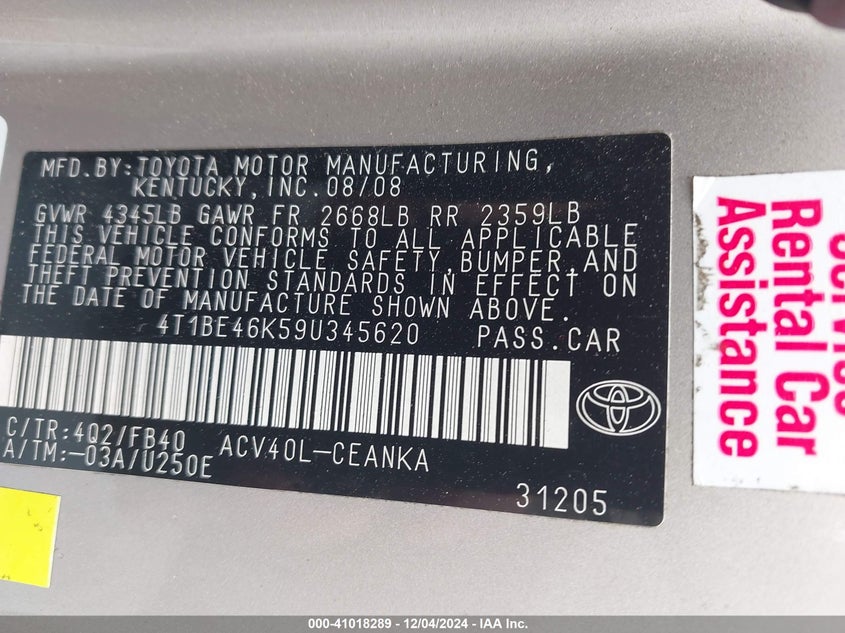 2009 Toyota Camry Le VIN: 4T1BE46K59U345620 Lot: 41018289
