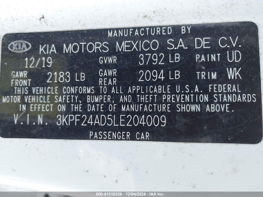 2020 Kia Forte Lxs VIN: 3KPF24AD5LE204009 Lot: 41018326