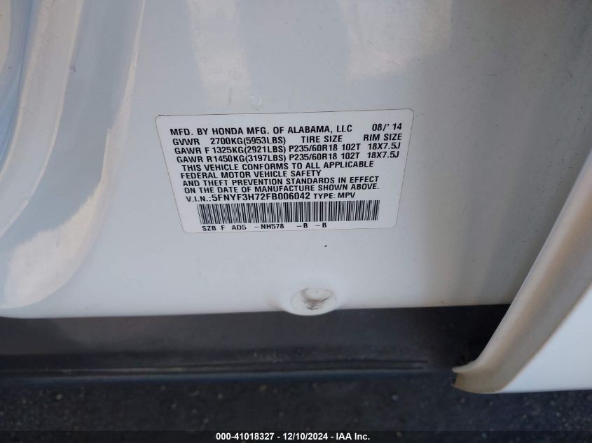 VIN 5FNYF3H72FB006042 2015 Honda Pilot, Ex-L no.9