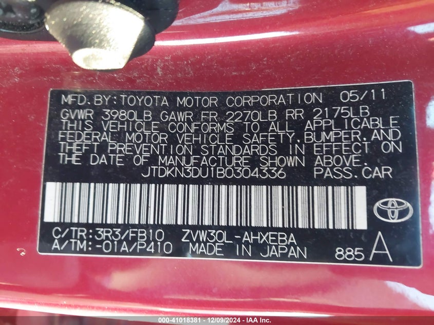 2011 TOYOTA PRIUS VIN: JTDKN3DU1B0304336
