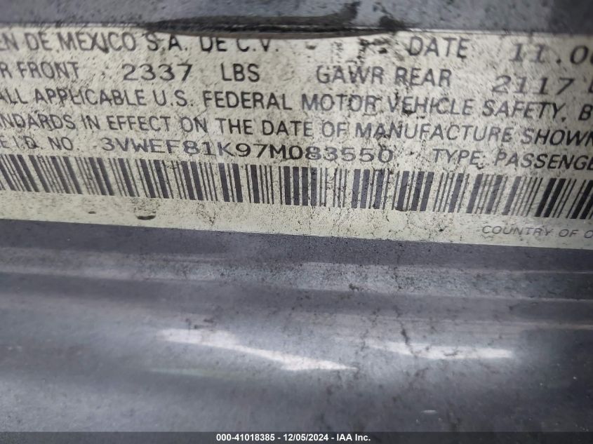 2007 Volkswagen Jetta Wolfsburg Edition VIN: 3VWEF81K97M083550 Lot: 41018385