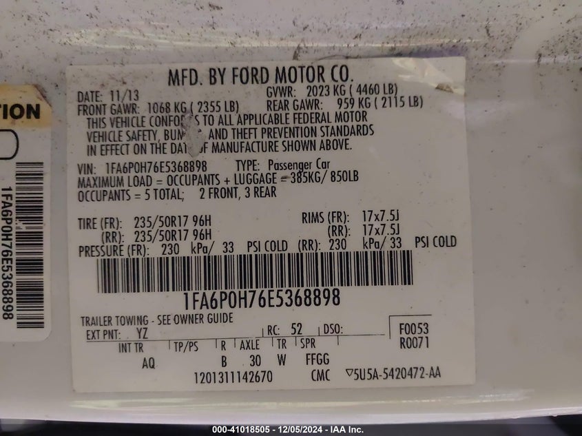 2014 FORD FUSION VIN: 1FA6P0H76E5368898