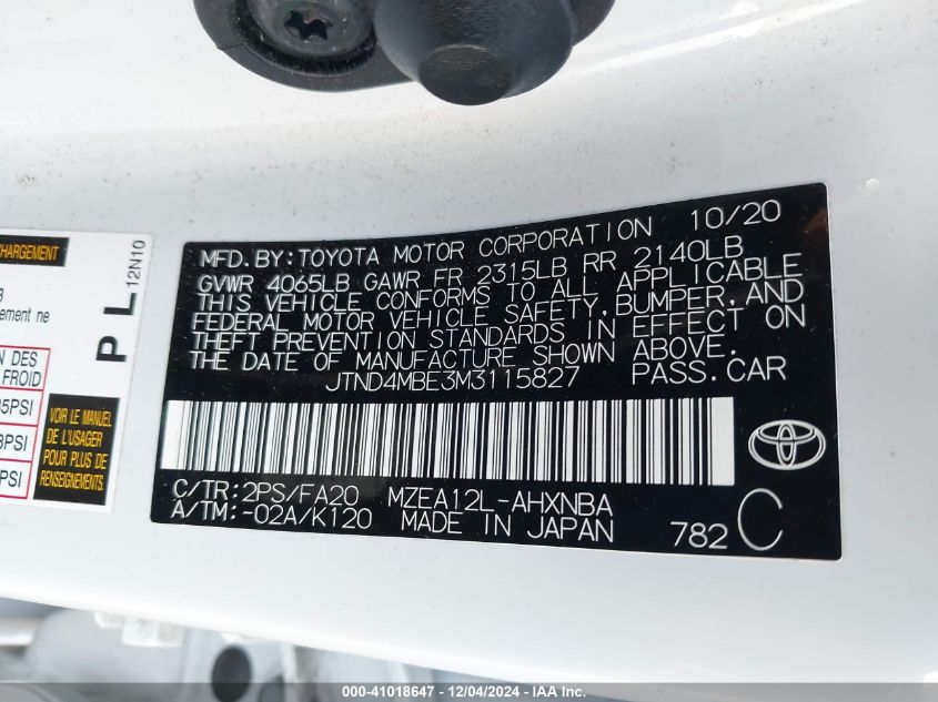 VIN JTND4MBE3M3115827 2021 TOYOTA COROLLA no.9