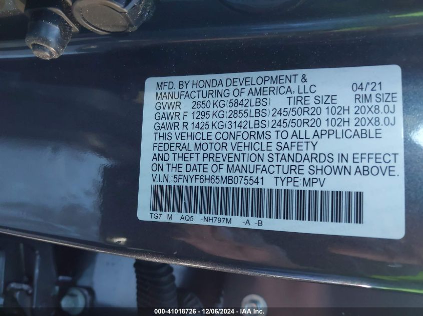 VIN 5FNYF6H65MB075541 2021 HONDA PILOT no.9