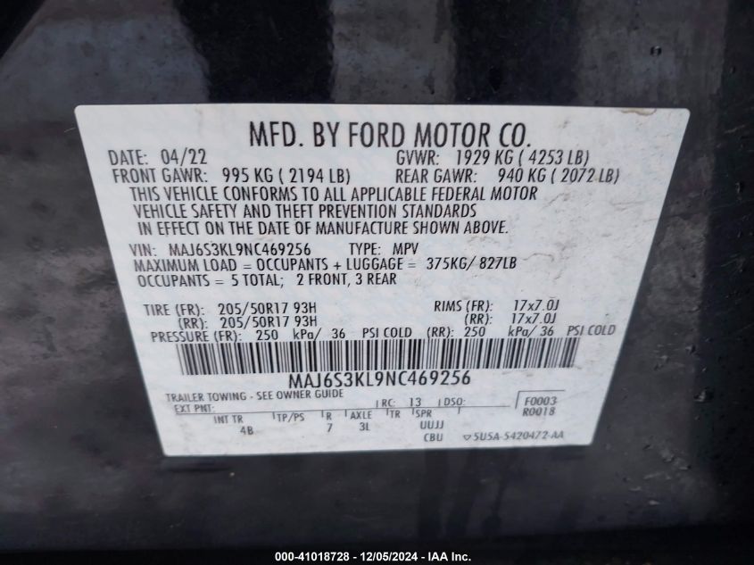 VIN MAJ6S3KL9NC469256 2022 Ford Ecosport, Titanium no.9