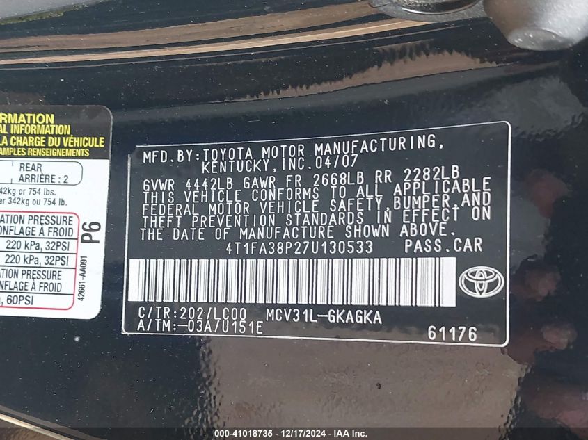 2007 Toyota Camry Solara Sle VIN: 4T1FA38P27U130533 Lot: 40600223
