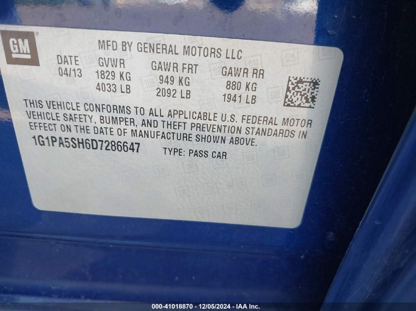 2013 Chevrolet Cruze Ls Auto VIN: 1G1PA5SH6D7286647 Lot: 41018870