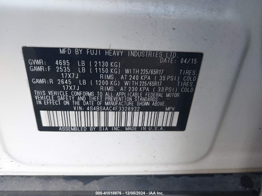 VIN 4S4BSAAC4F3328932 2015 Subaru Outback, 2.5I no.9