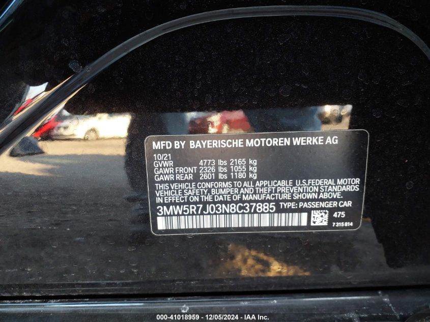 2022 BMW 330I VIN: 3MW5R7J03N8C37885
