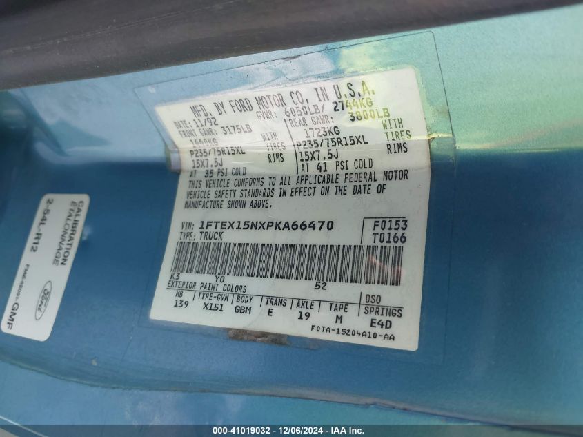 1993 Ford F150 VIN: 1FTEX15NXPKA66470 Lot: 41019032