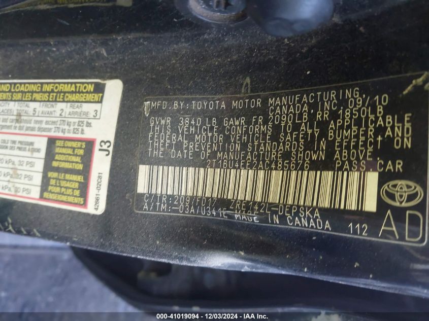 2010 Toyota Corolla S VIN: 2T1BU4EE2AC485676 Lot: 41019094