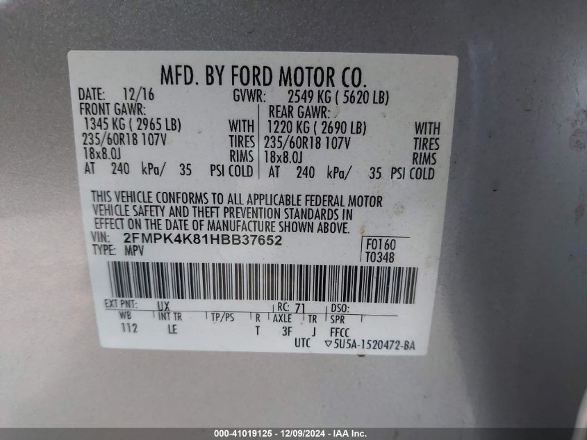 VIN 2FMPK4K81HBB37652 2017 Ford Edge, Titanium no.9