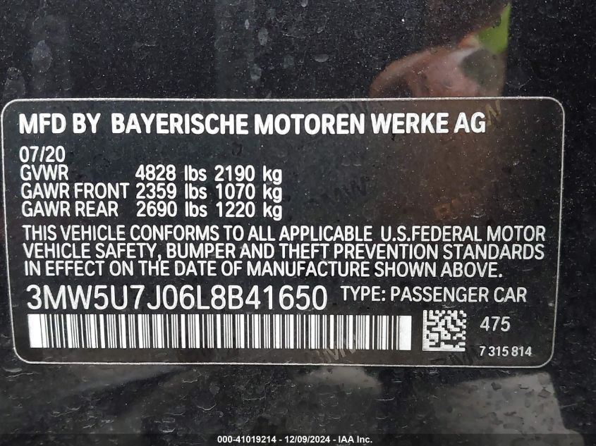 VIN 3MW5U7J06L8B41650 2020 BMW 3 Series, M340I no.9