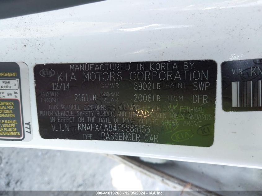 VIN KNAFX4A84F5386156 2015 KIA FORTE no.9