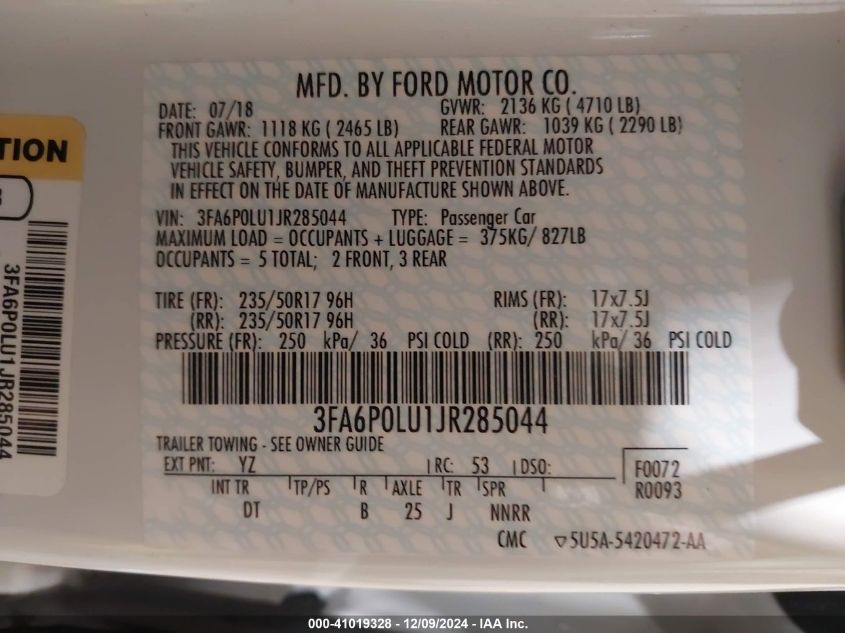 VIN 3FA6P0LU1JR285044 2018 Ford Fusion, Hybrid SE no.9