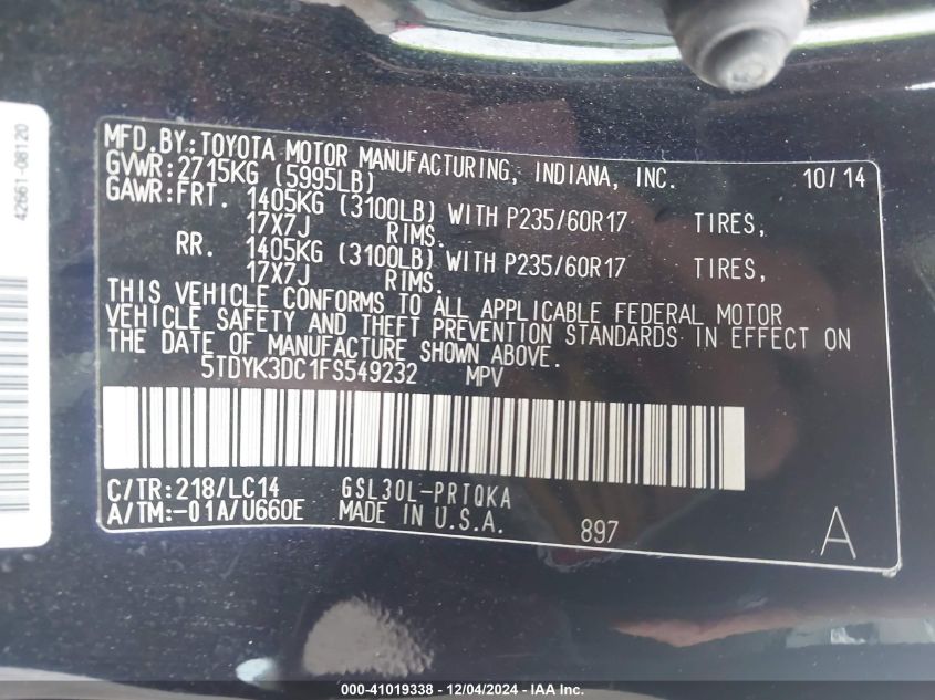 VIN 5TDYK3DC1FS549232 2015 Toyota Sienna, Xle/Limited no.9