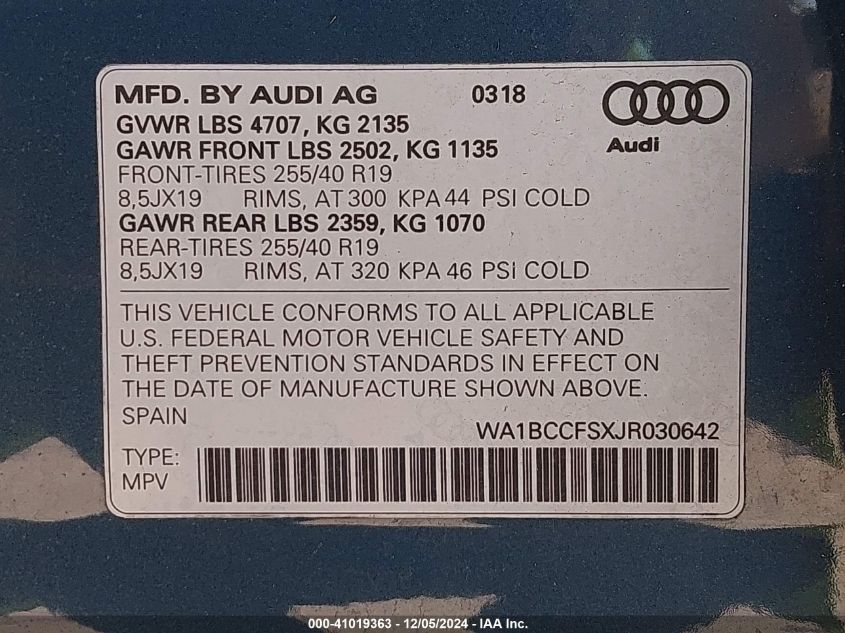 VIN WA1BCCFSXJR030642 2018 Audi Q3, 2.0T Premium/2.... no.9