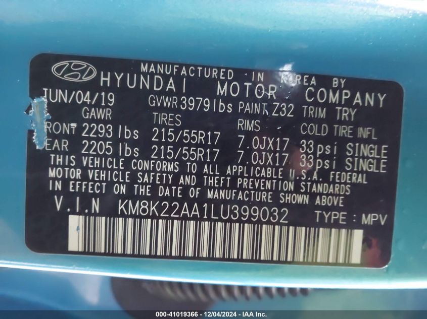 2020 Hyundai Kona Sel VIN: KM8K22AA1LU399032 Lot: 41019366