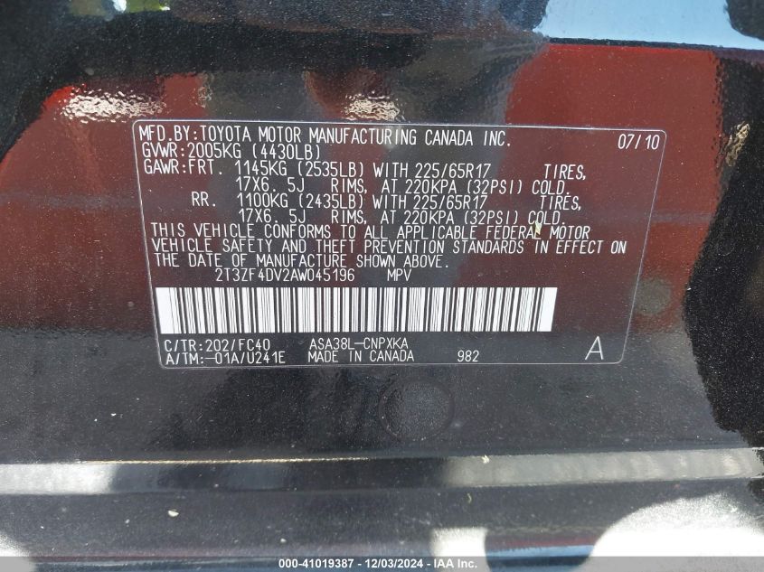 2010 Toyota Rav4 VIN: 2T3ZF4DV2AW045196 Lot: 41019387