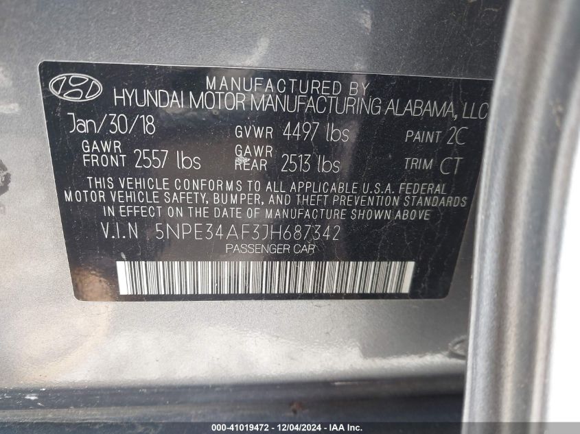 VIN 5NPE34AF3JH687342 2018 Hyundai Sonata, Limited no.9