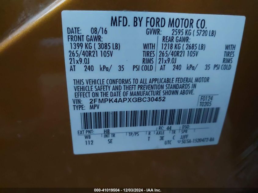 VIN 2FMPK4APXGBC30452 2016 FORD EDGE no.9