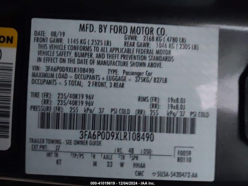 VIN 3FA6P0D9XLR108490 2020 FORD FUSION no.9