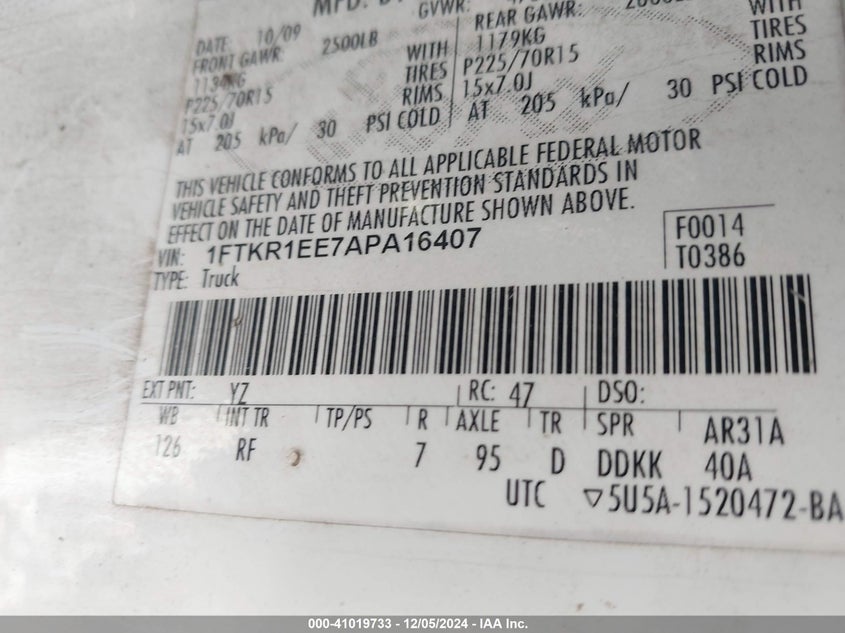 2010 FORD RANGER VIN: 1FTKR1EE7APA16407