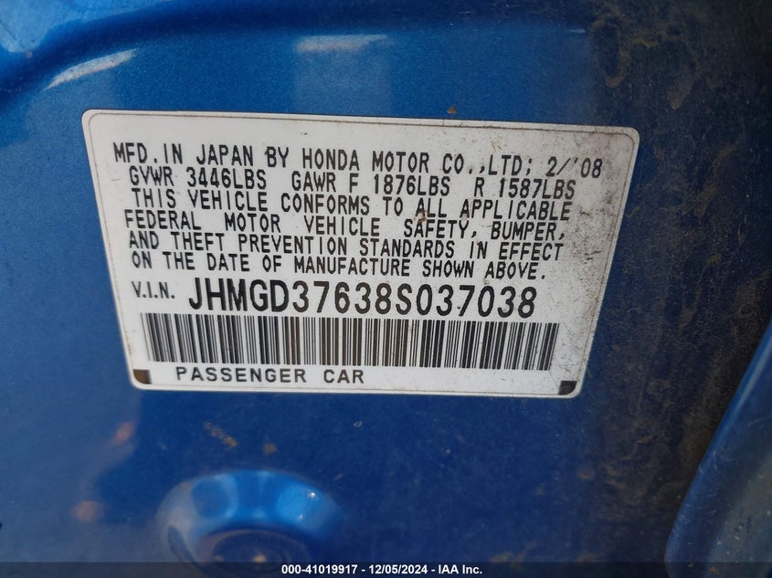 2008 HONDA FIT VIN: JHMGD37638S037038