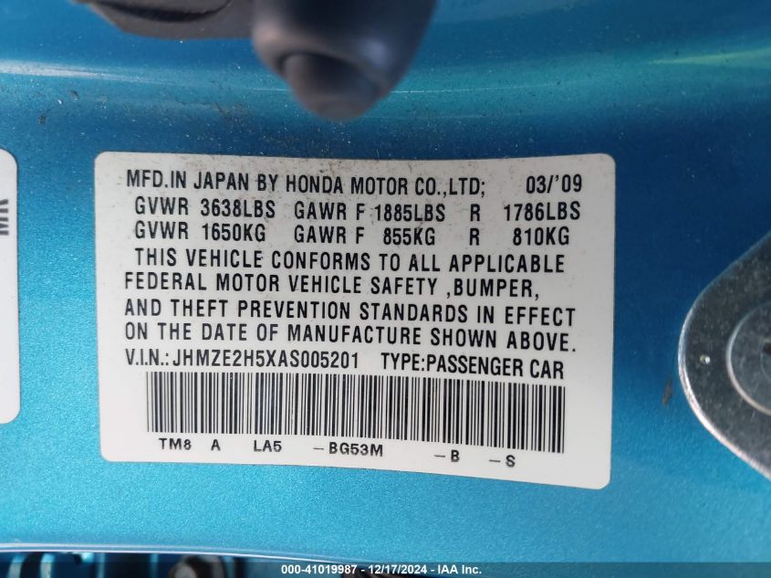 2010 Honda Insight Lx VIN: JHMZE2H5XAS005201 Lot: 41019987