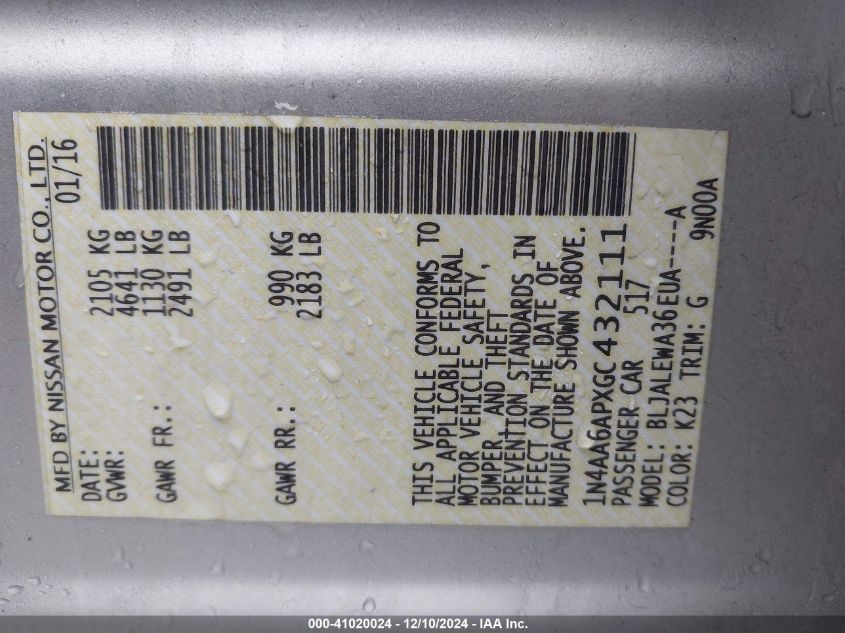 2016 Nissan Maxima VIN: JN4AA6APXGC432111 Lot: 41020024