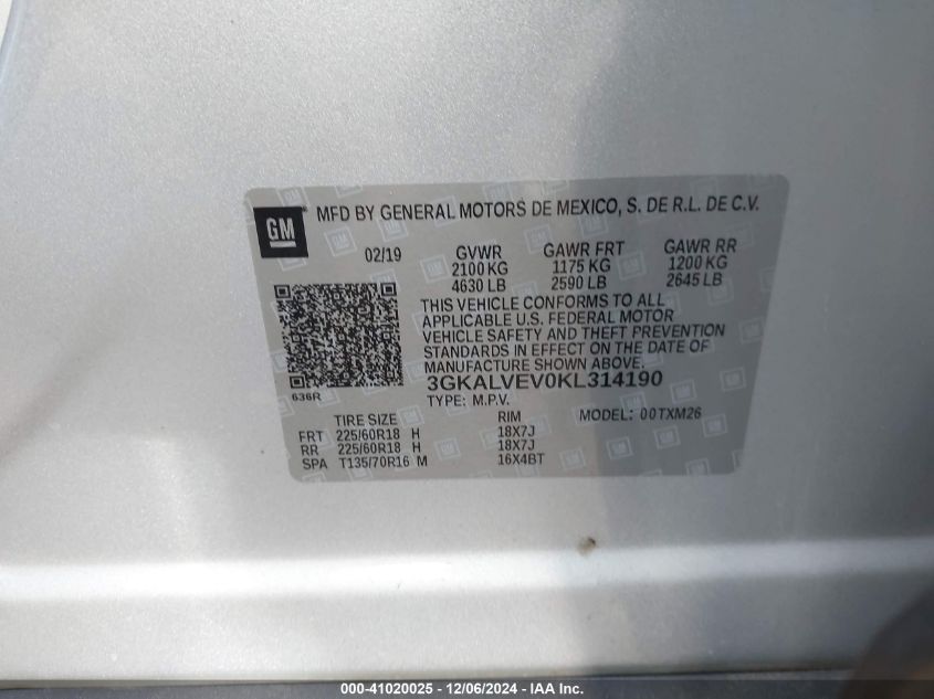 VIN 3GKALVEV0KL314190 2019 GMC Terrain, Slt no.9