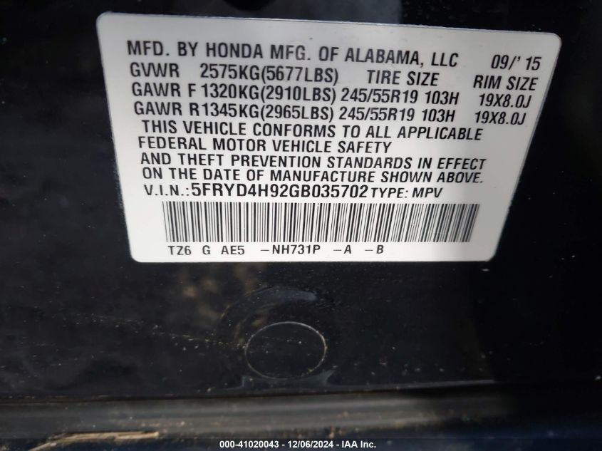 VIN 5FRYD4H92GB035702 2016 Acura MDX, Advance   Ent... no.9