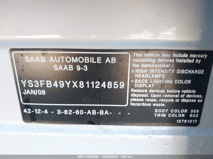 2008 SAAB 9 3 VIN: YS3FB49YX81124859