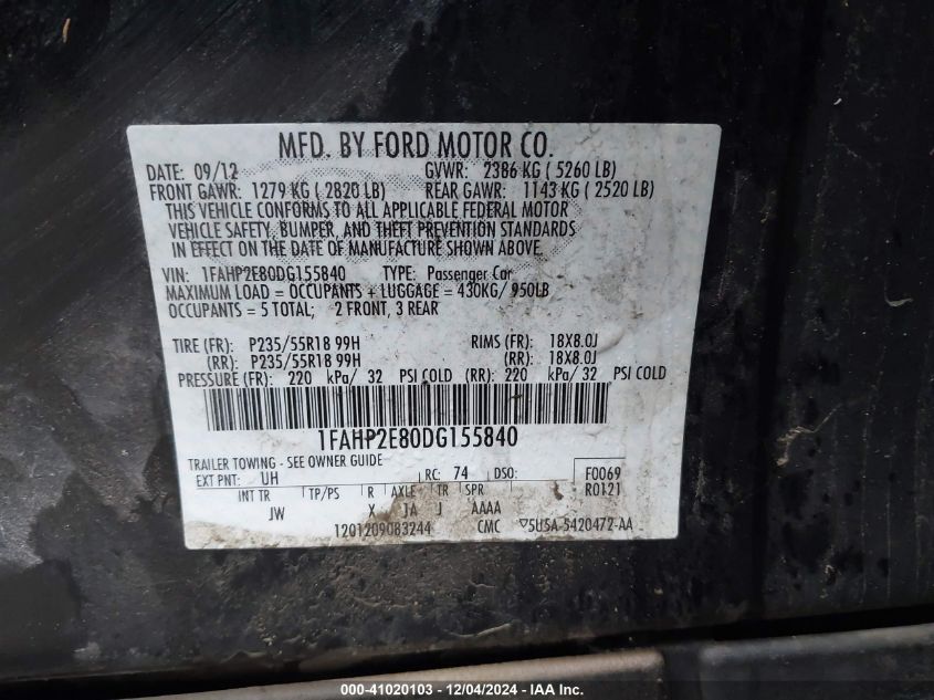 VIN 1FAHP2E80DG155840 2013 Ford Taurus, Sel no.9