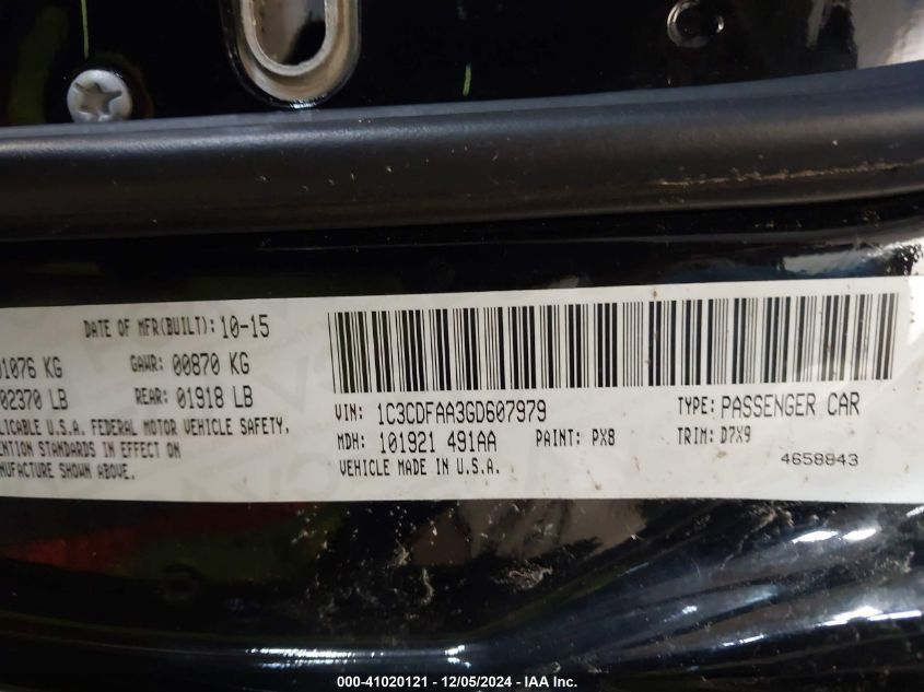 2016 Dodge Dart Se VIN: 1C3CDFAA3GD607979 Lot: 41020121
