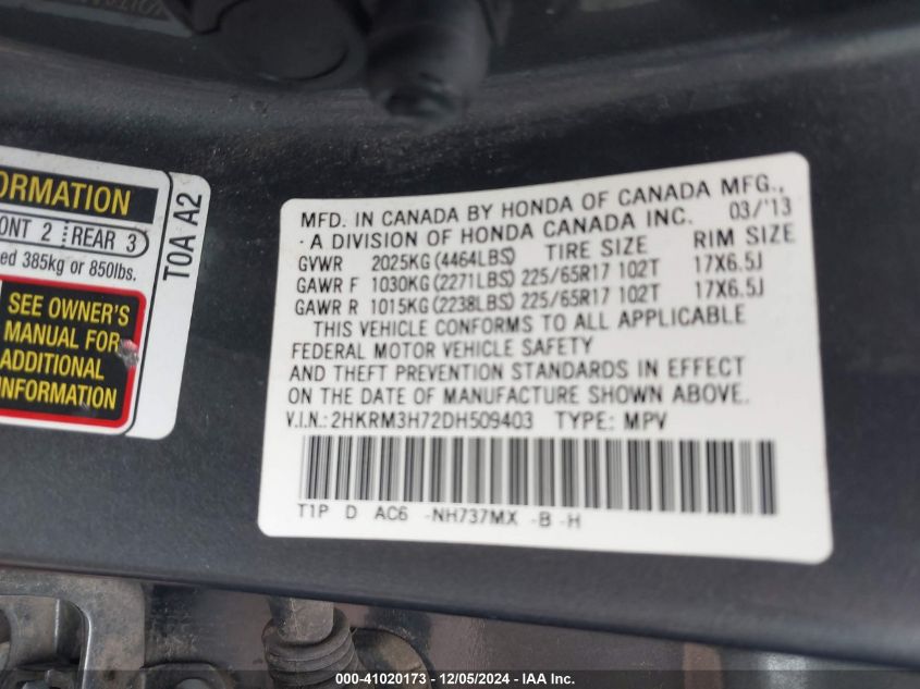 VIN 2HKRM3H72DH509403 2013 Honda CR-V, Ex-L no.9